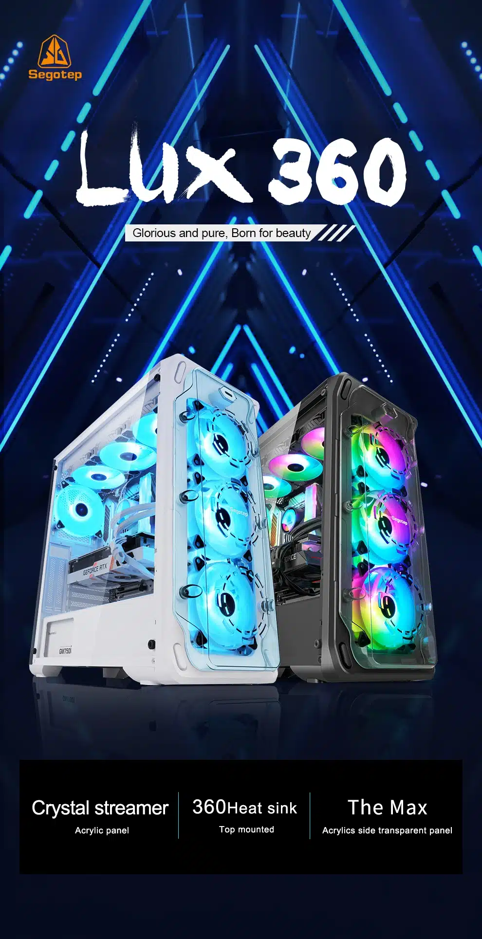 Segotep Lux 360, 2022 New Coming Eatx Gaming Case, 360 Radiator Top/Front Mount Support, Full Transparency RGB LED Gaming Case
